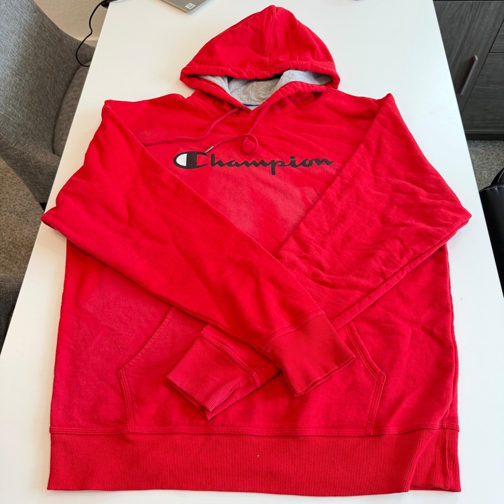 Champion Mens Red Script Logo Pullover Hoodie Sweatshirt Large W965N
